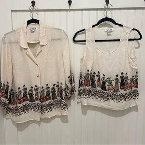 Citron Cream Button Down Shirt and tank with Colorful Print